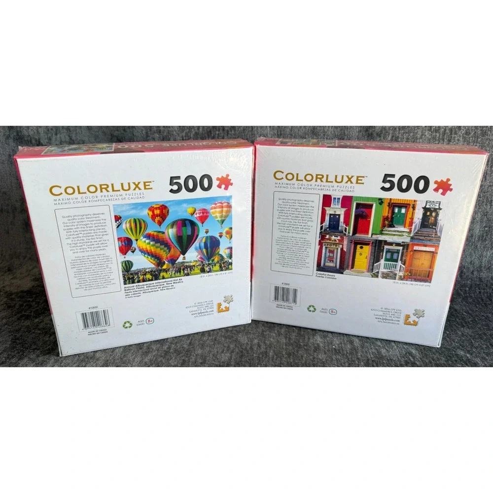 Lot of 2 Colorluxe 500 Piece Puzzles - Hot Air Balloon Fiesta & Colorful Doors